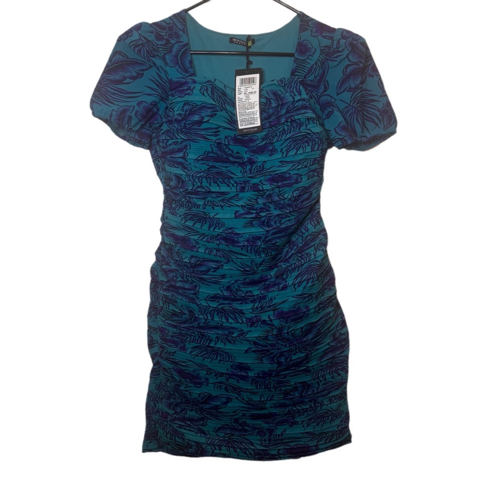 Tokyo Talkies Urban Dress Small Teal‎ Blue Purple Floral Ruched Bodycon